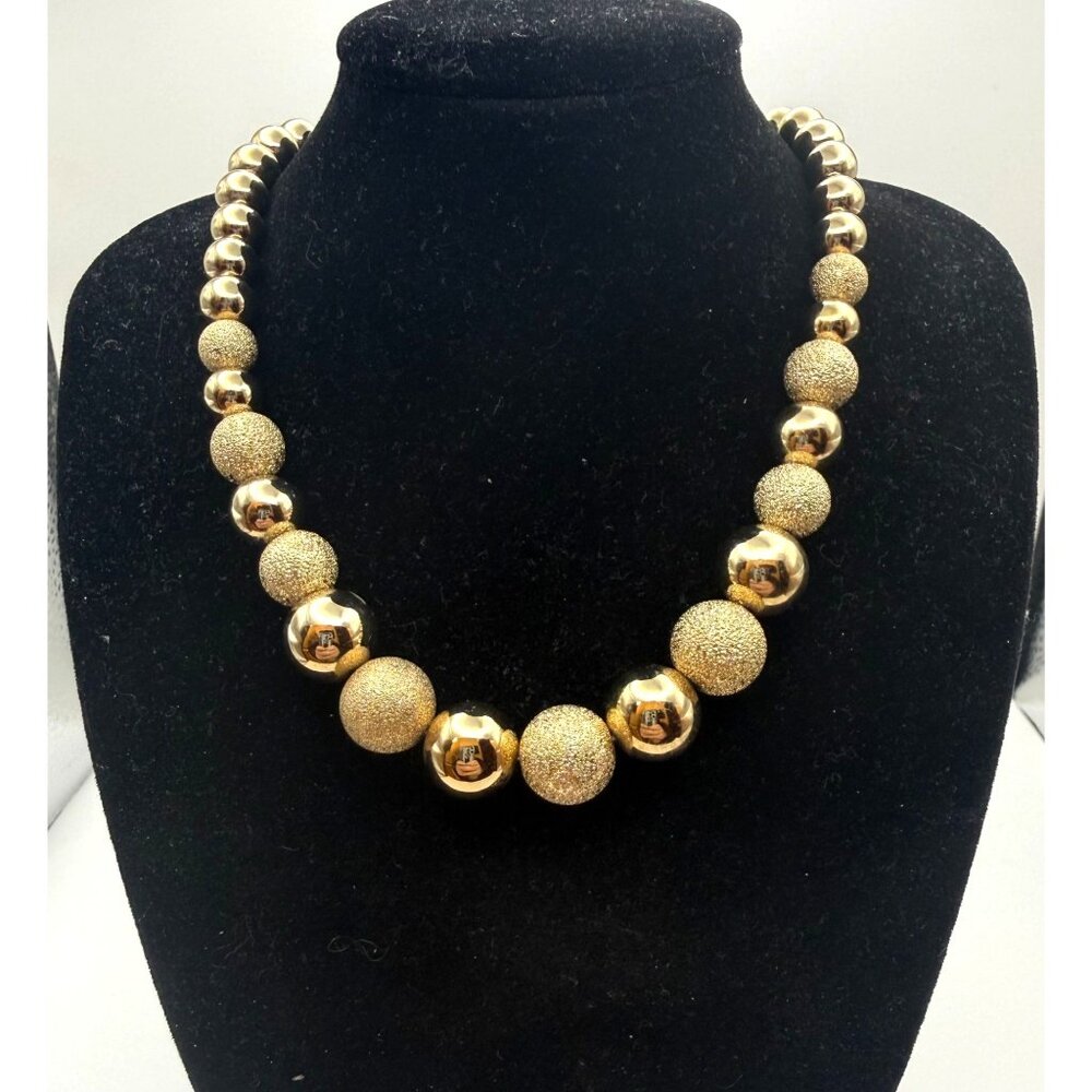 Gold Tone Beaded Statement Necklace Textured Ball Graduated Chain Adjustable